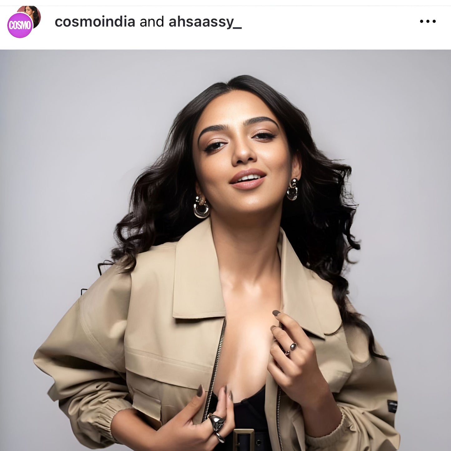 Magazine cover look featuring AEQEA Stack Rings collection with beige trench coat and elegant jewelry styling for Cosmopolitan India