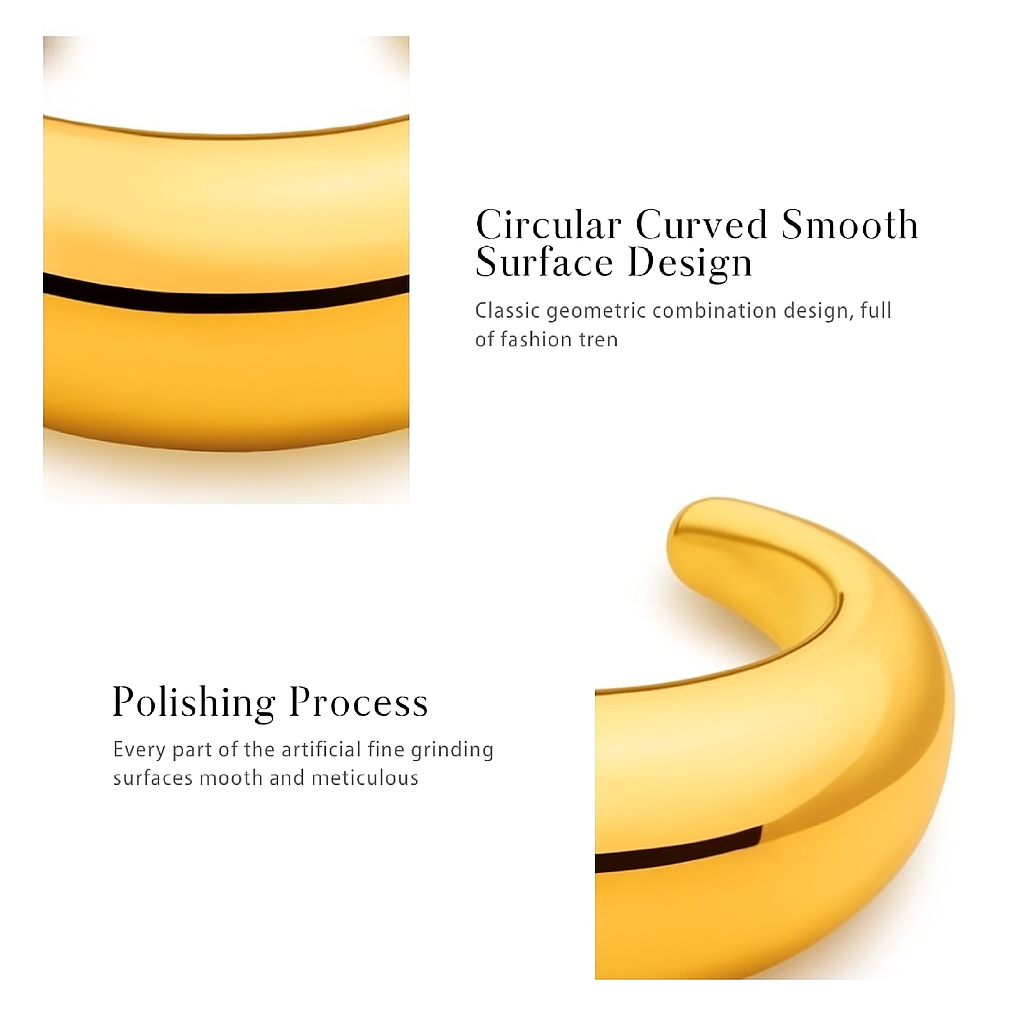 Close-up of the AEQEA LUNA CUFF—a shiny, gold, circular accessory—showing its curved, smooth surface and polished finish, highlighting its geometric shape and artisanal craftsmanship.