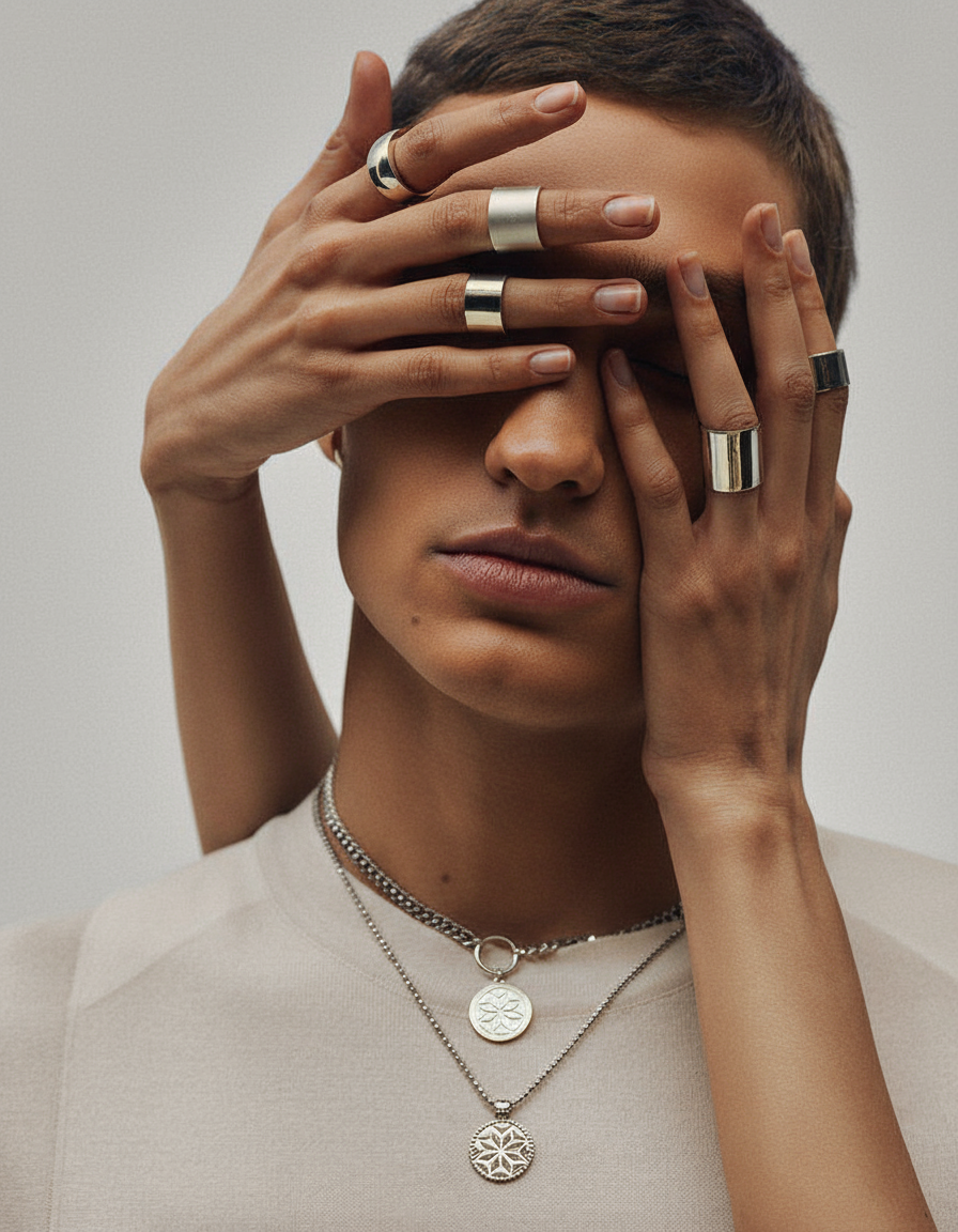 A person with short hair faces forward, wearing several silver rings and layered necklaces. Another pair of hands, also with rings, covers their eyes from behind. The background is neutral.
