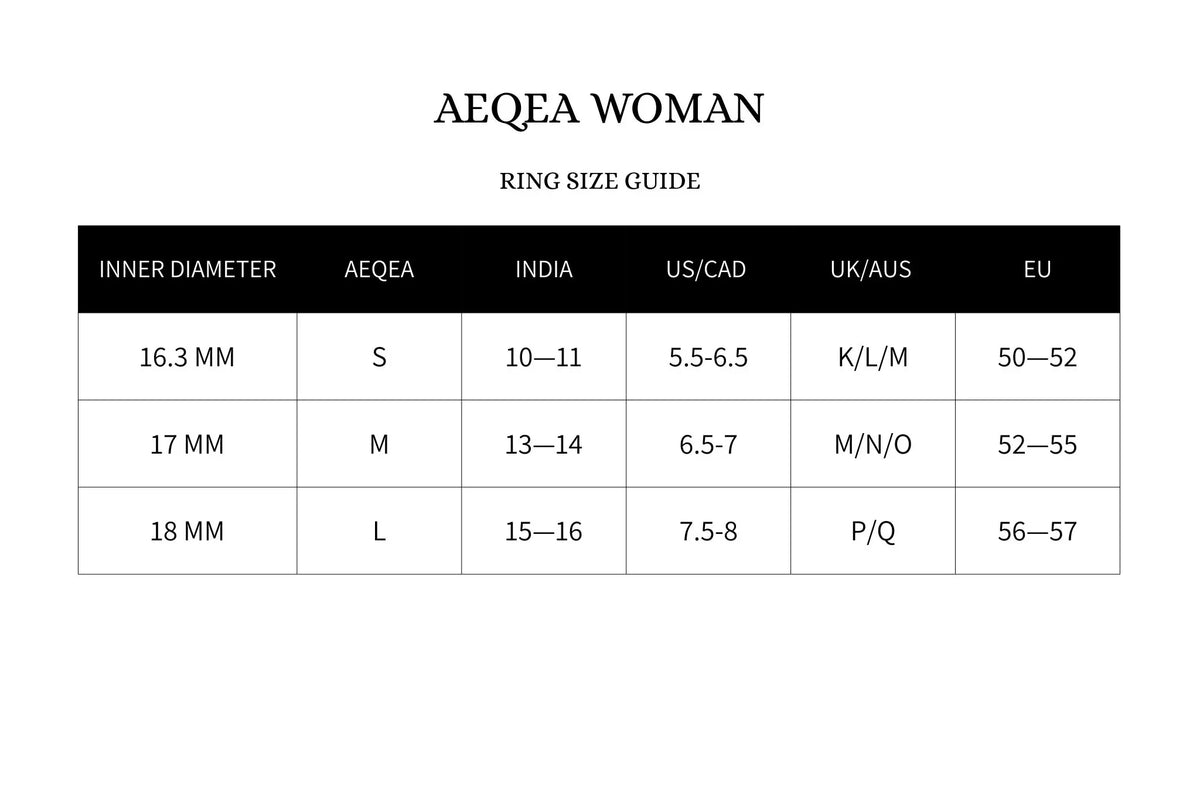 Ring size guide for AEQEA Woman on a white background