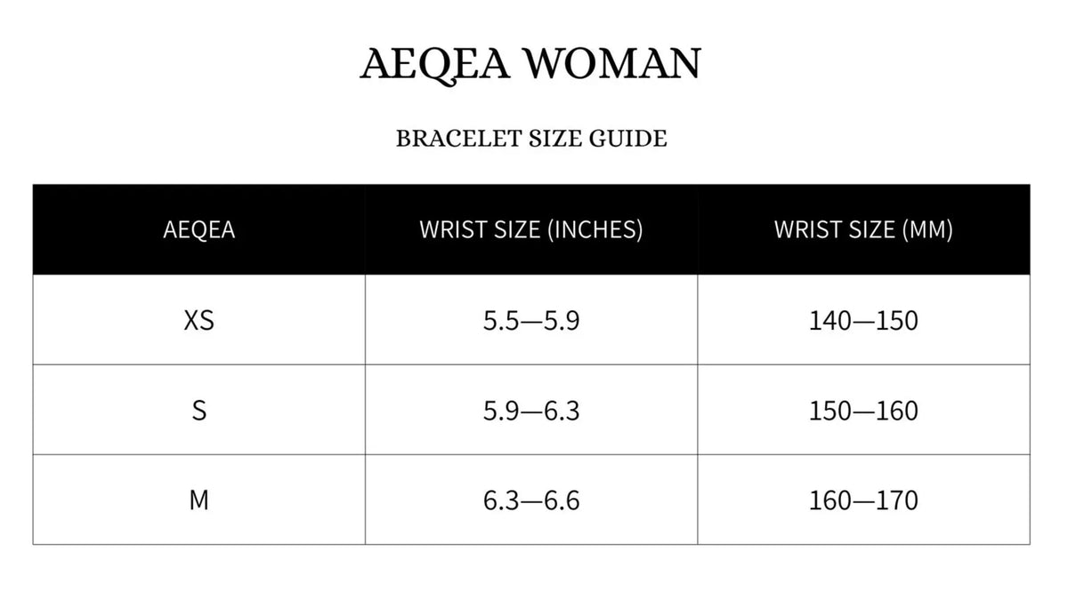 Bracelet size guide for AEQEA Woman on a white background