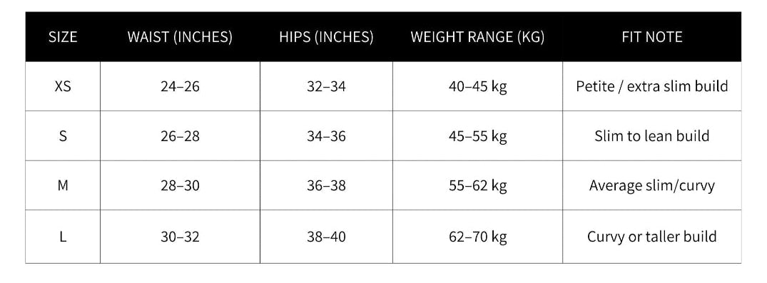 Size guide for AEQEA tights with measurements and weight ranges.