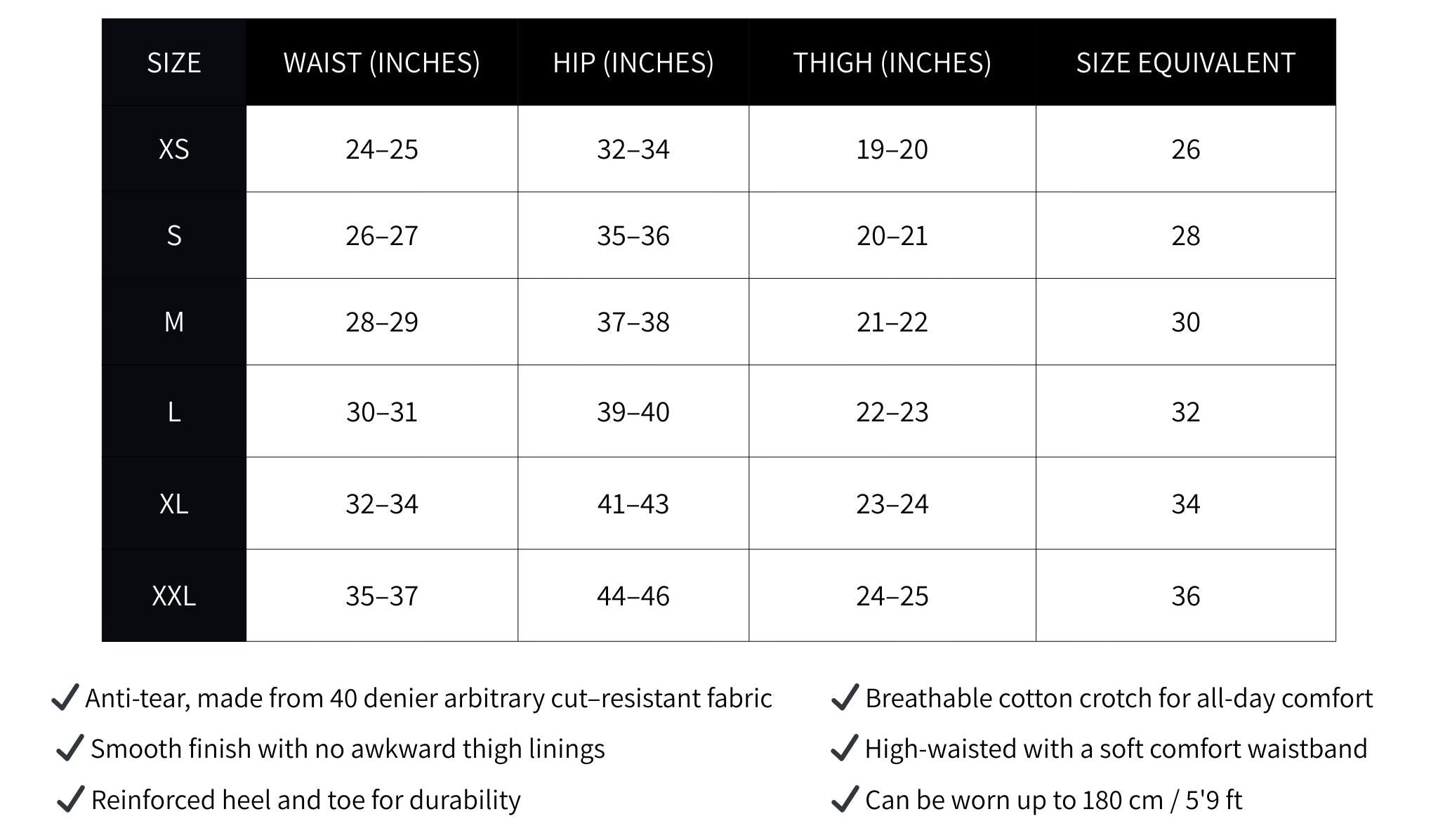 The AEQEA COLOURFUL CRYSTALS TIGHTS size guide lists XS–XXL with waist, hip, and thigh measurements in inches plus size equivalents. Product features are detailed below—ideal for picking the perfect colourful crystal tights.